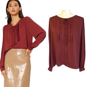 NWT Current Air Anthropologie Burgundy Ruffle Bow Tie Detail Blouse - M